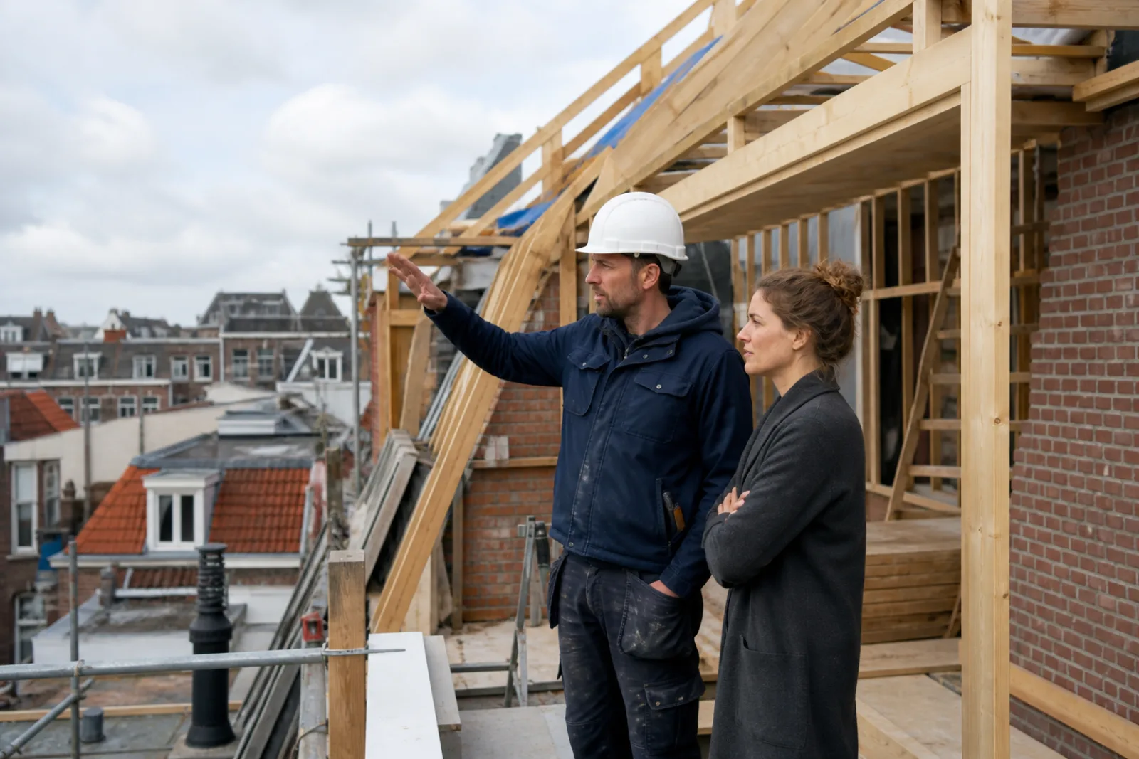 Aannemer en vastgoedeigenaar bekijken samen de voortgang van een dakopbouw