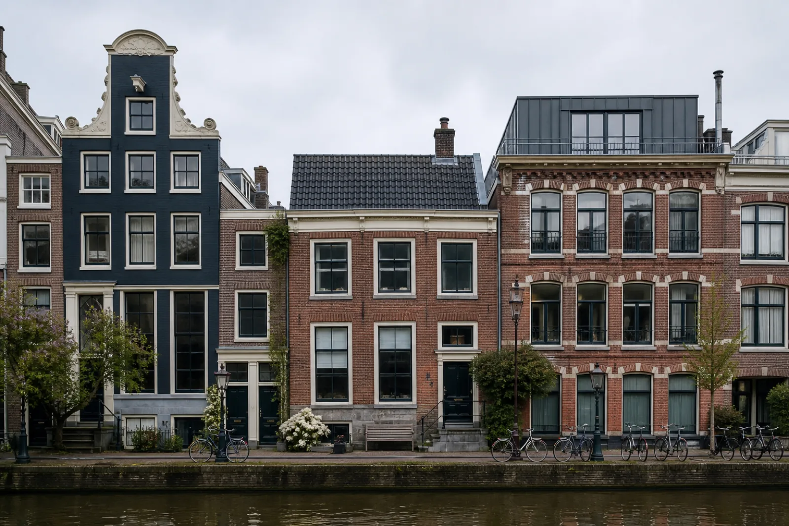 Nederlandse grachtenpanden en stadswoningen met verschillende vergunningplichtige verbouwingen